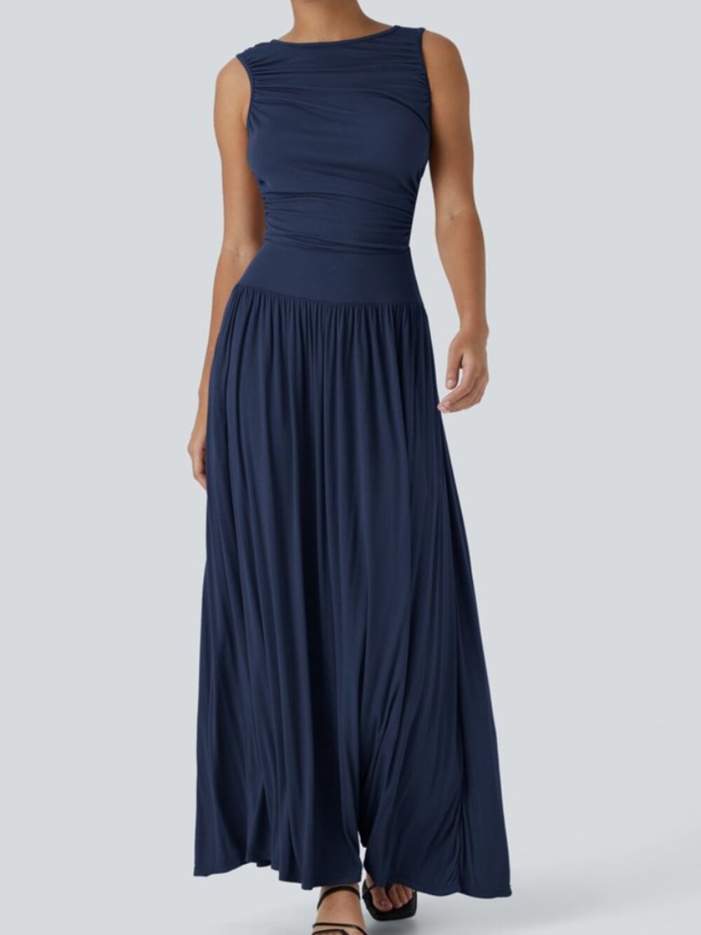 Halara Ribbed Boat Neck Asymmetric Strap Ruched Pocket Flowy Maxi Casual Dress